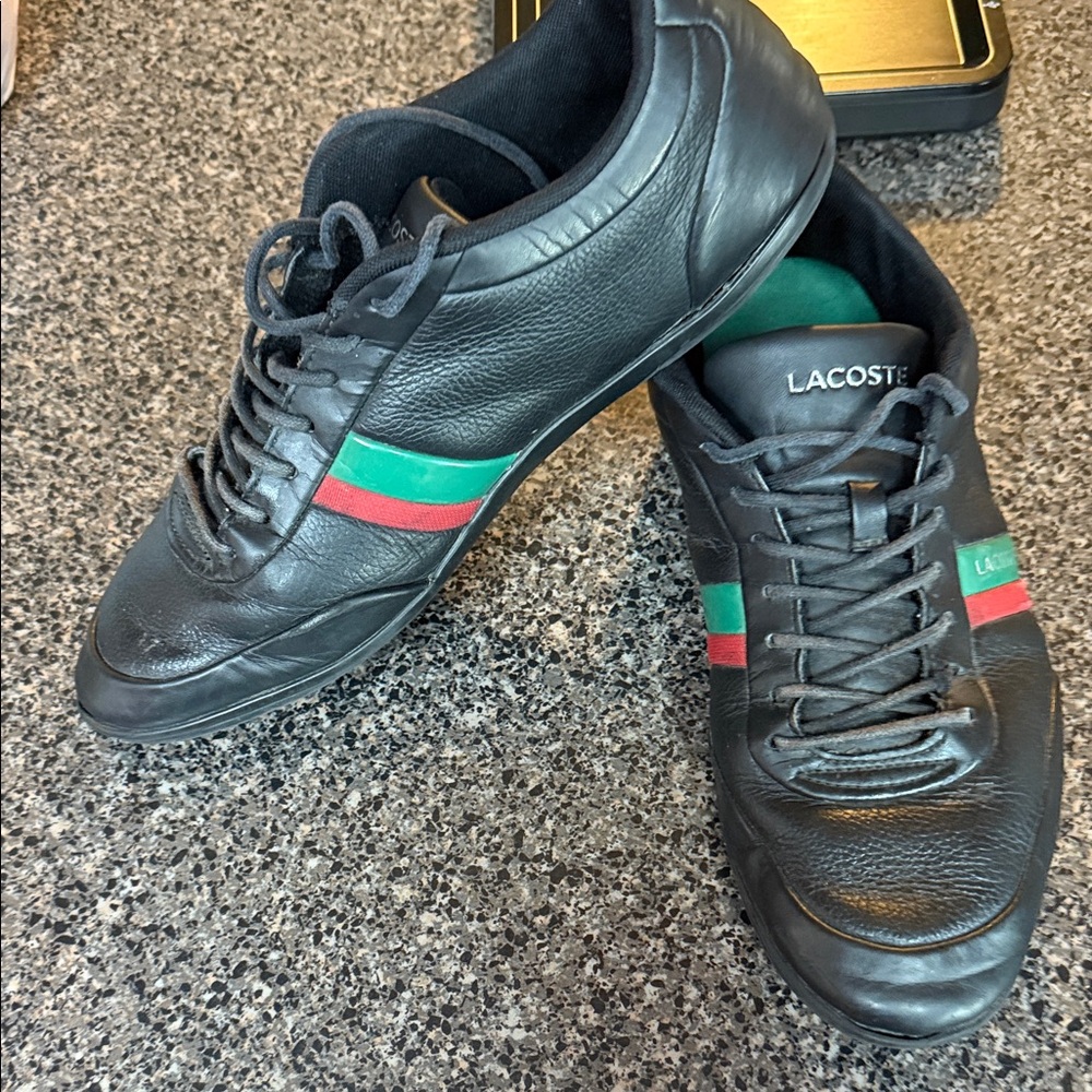 Lacoste Men's Black Sneakers with Green and Red Stripes